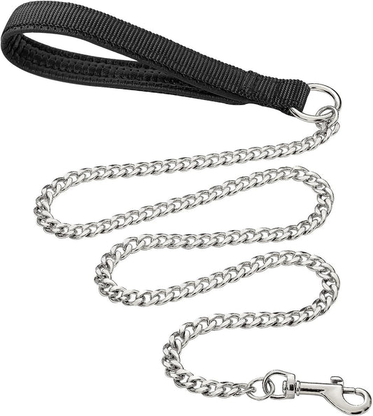 Heavy Duty Metal Dog Leash, 5 FT Chew Proof Pet Leash Chain with Soft Padded Handle for Large & Medium Size Dogs (5 Ftx3 Mm (20-100 Lbs))